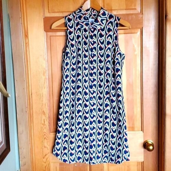 CAbi Sleeveless Blue Chained Hearts Design Collared Button Down Sz. S Midi Dress - Picture 1 of 12